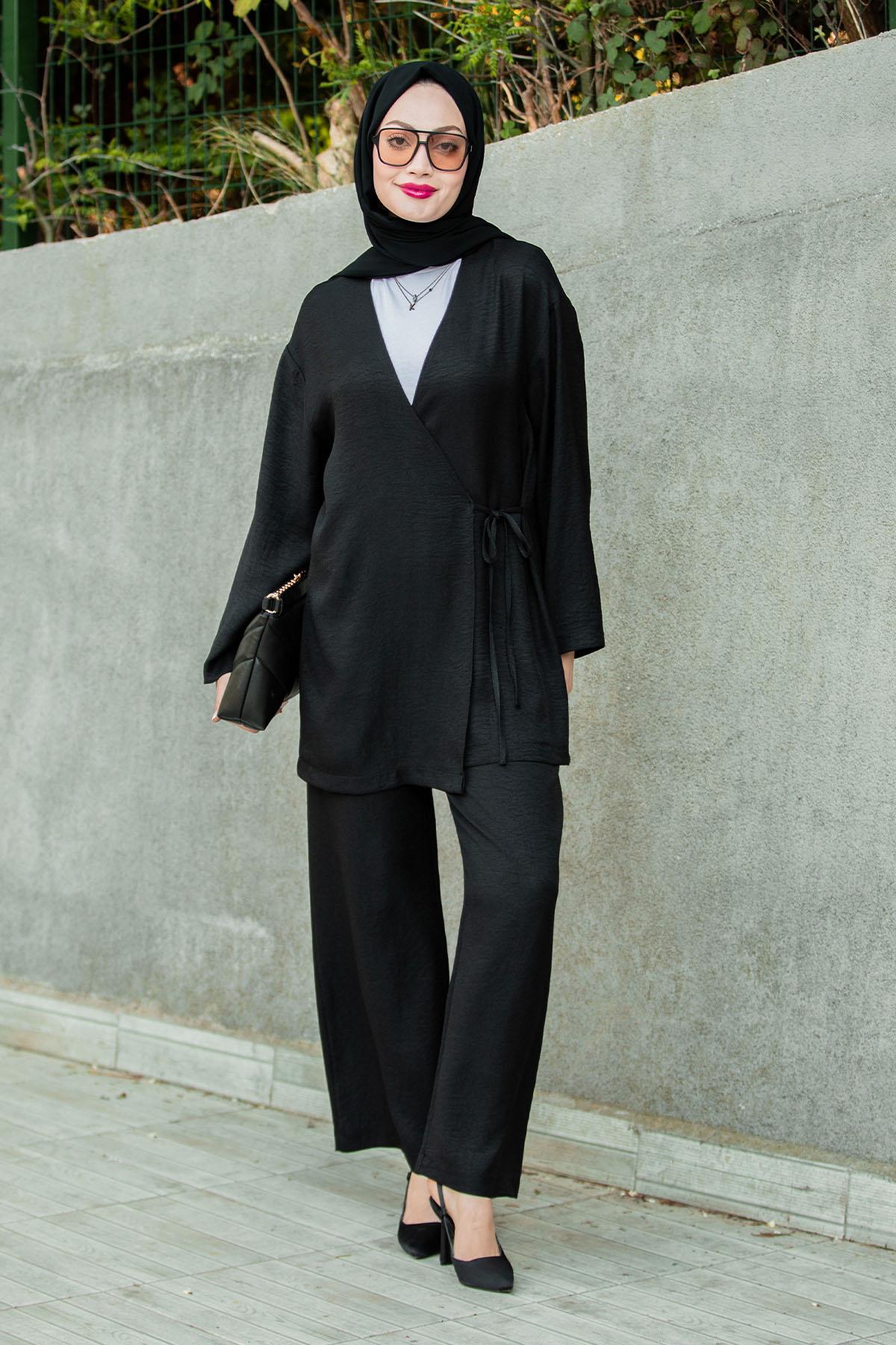 Kimono Pantolon Keten Takım-Siyah