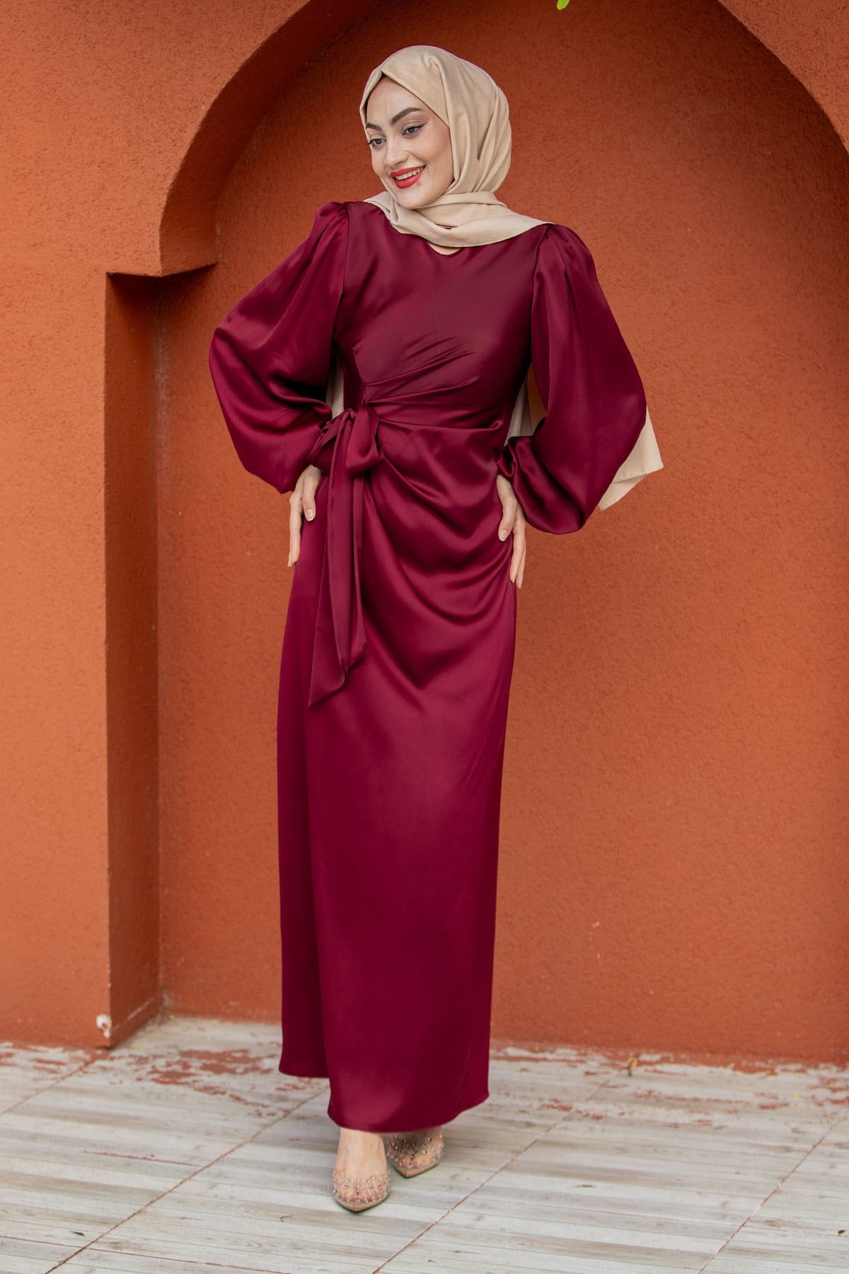 Kitty Drape Pileli Saten Abiye Elbise-Bordo