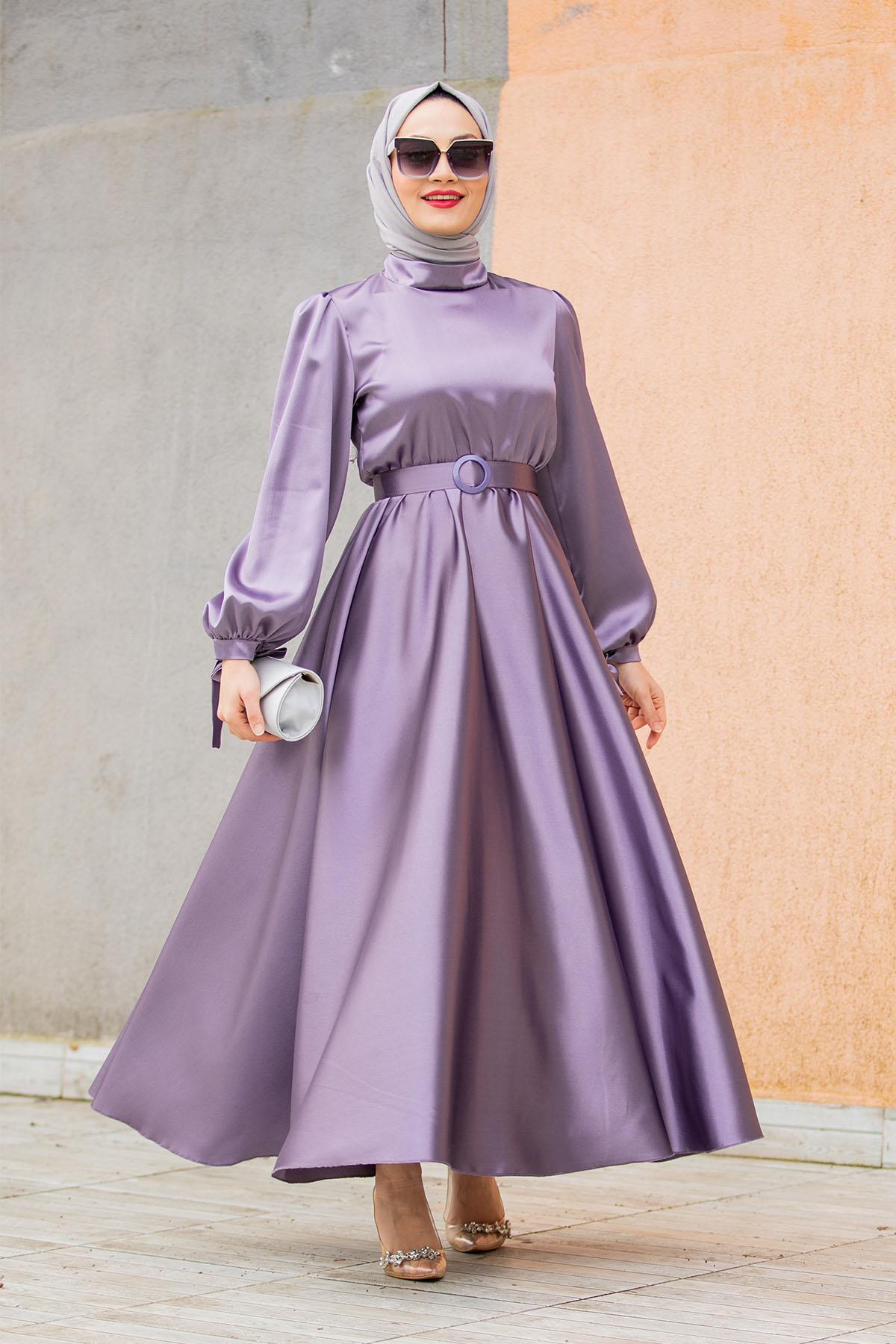 Kol Bağlama Detaylı Saten Abiye Elbise-Violet