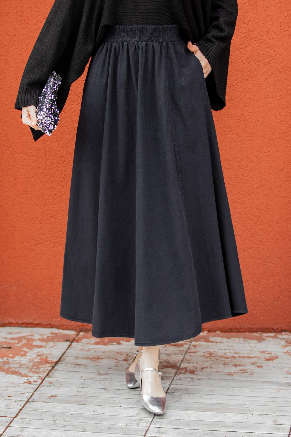 Kot Görünümlü Yıkamalı Pamuk Keten Etek-Siyah