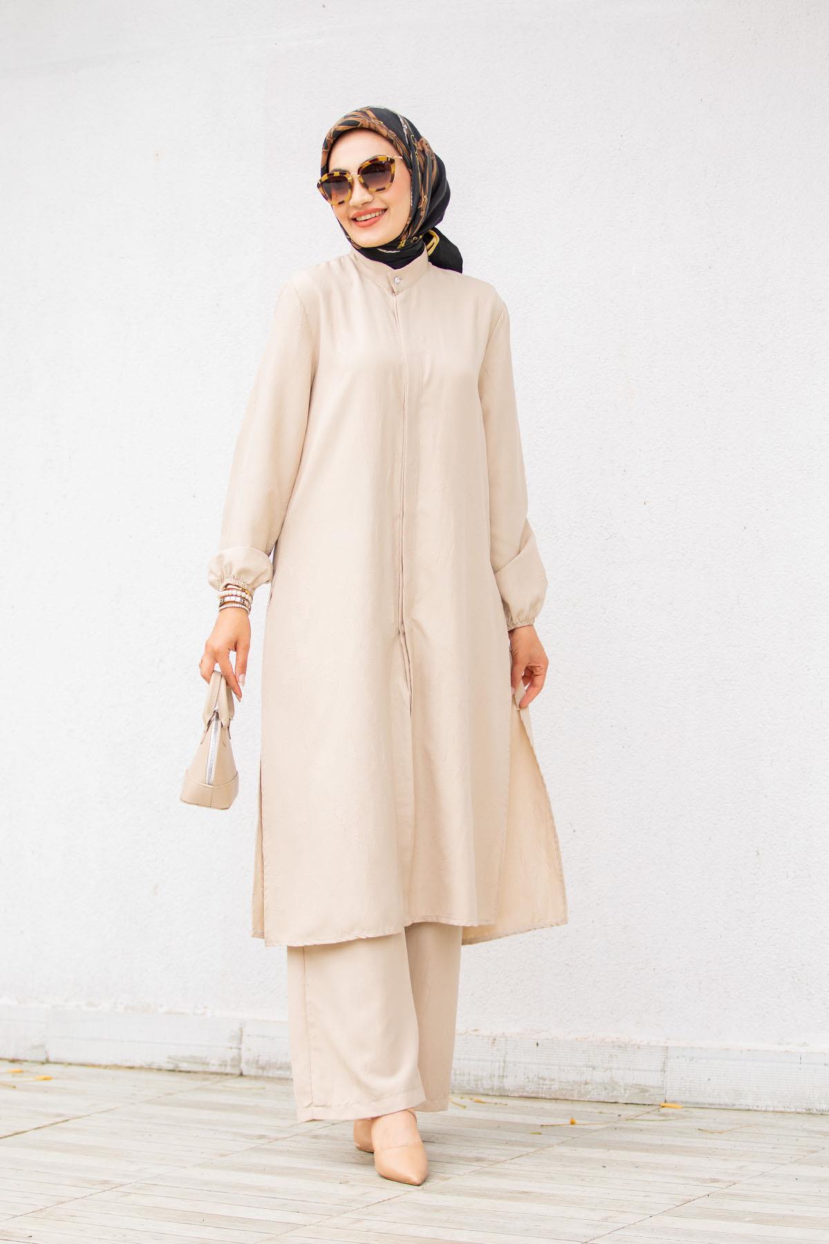 Krinkıl Dokulu Krep Takım-Bej