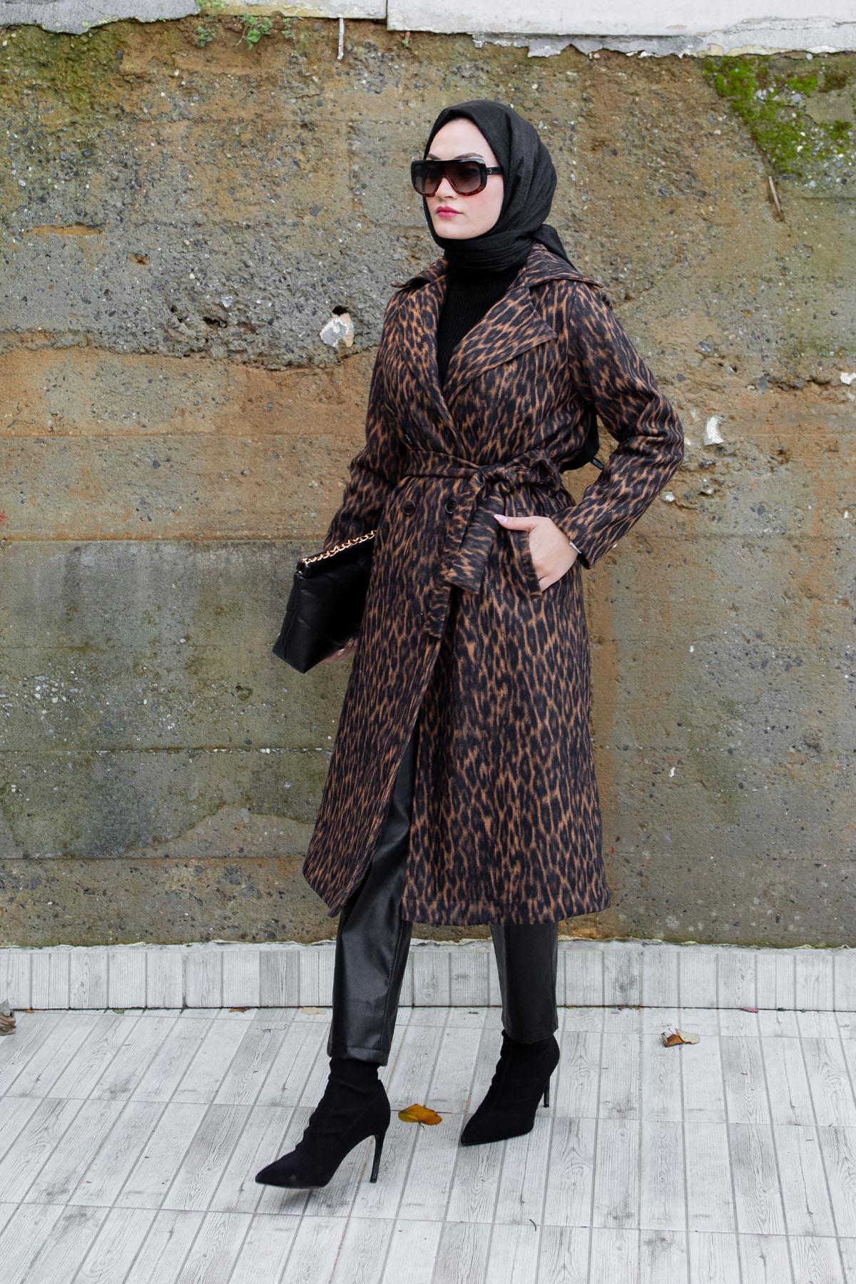 Leopar Desen Yün Kaşe Kaban-Kahve