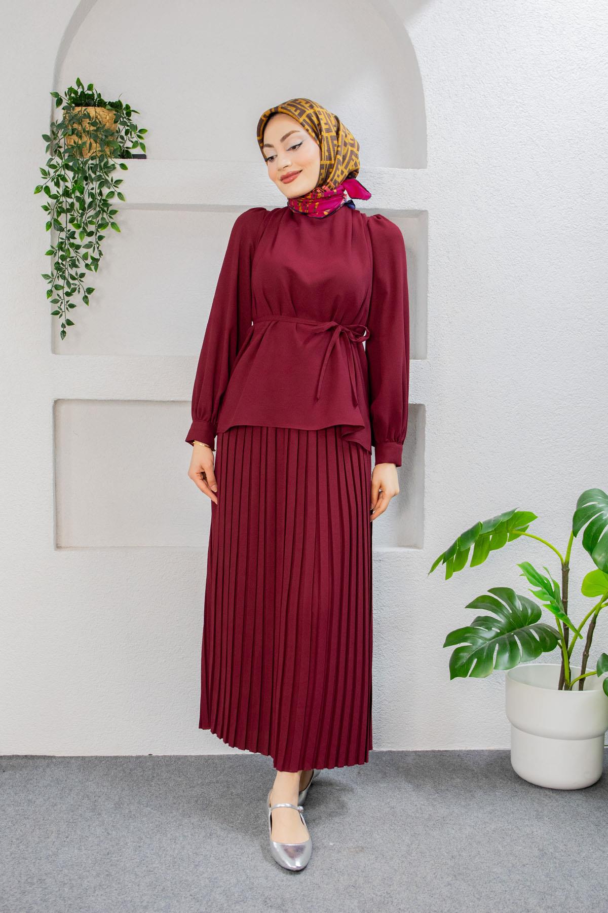 Leys Krep Bluz Etek Takım-Bordo