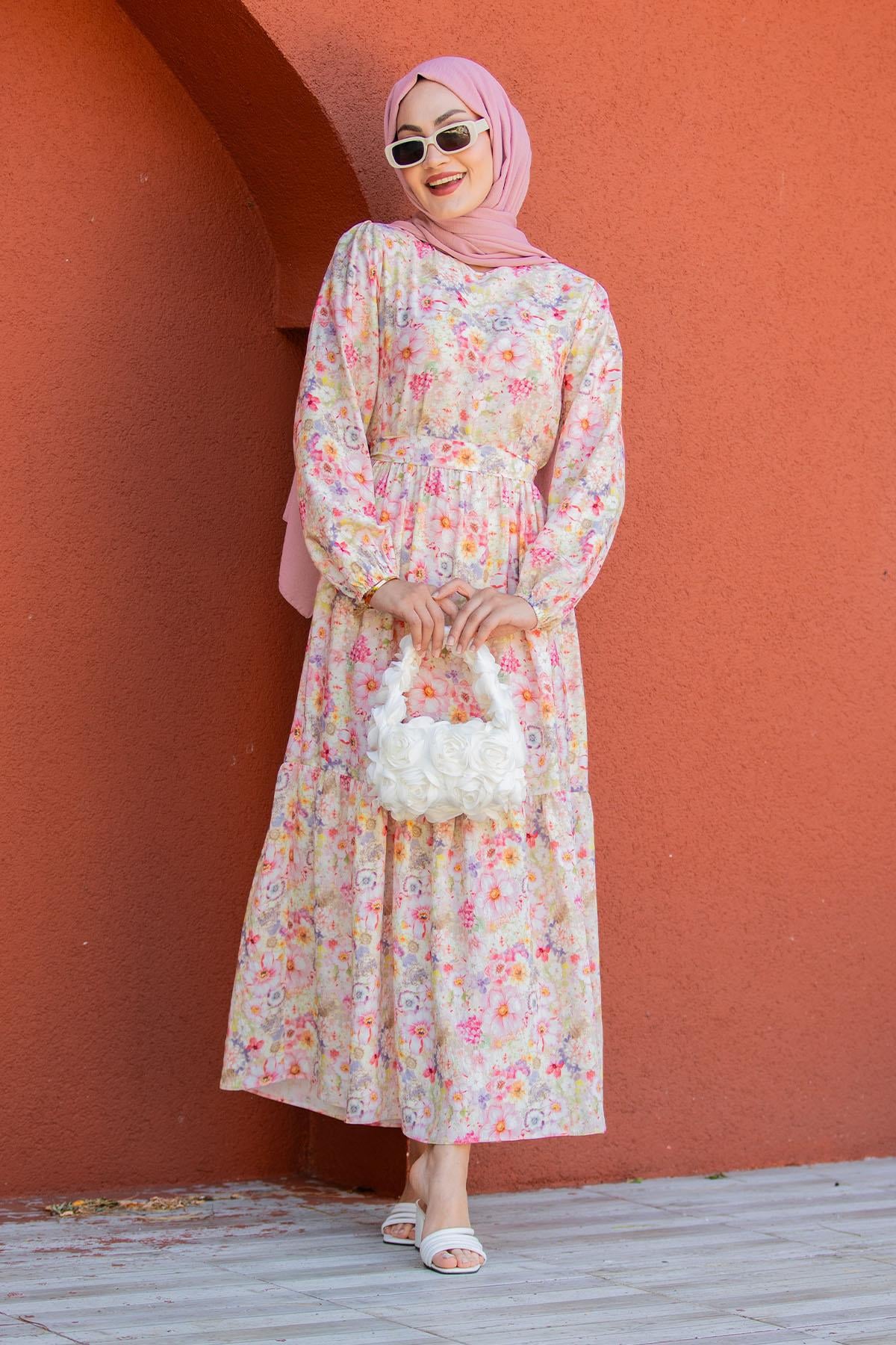 Lidy Çiçekli Desen Yazlık Elbise-Pembe