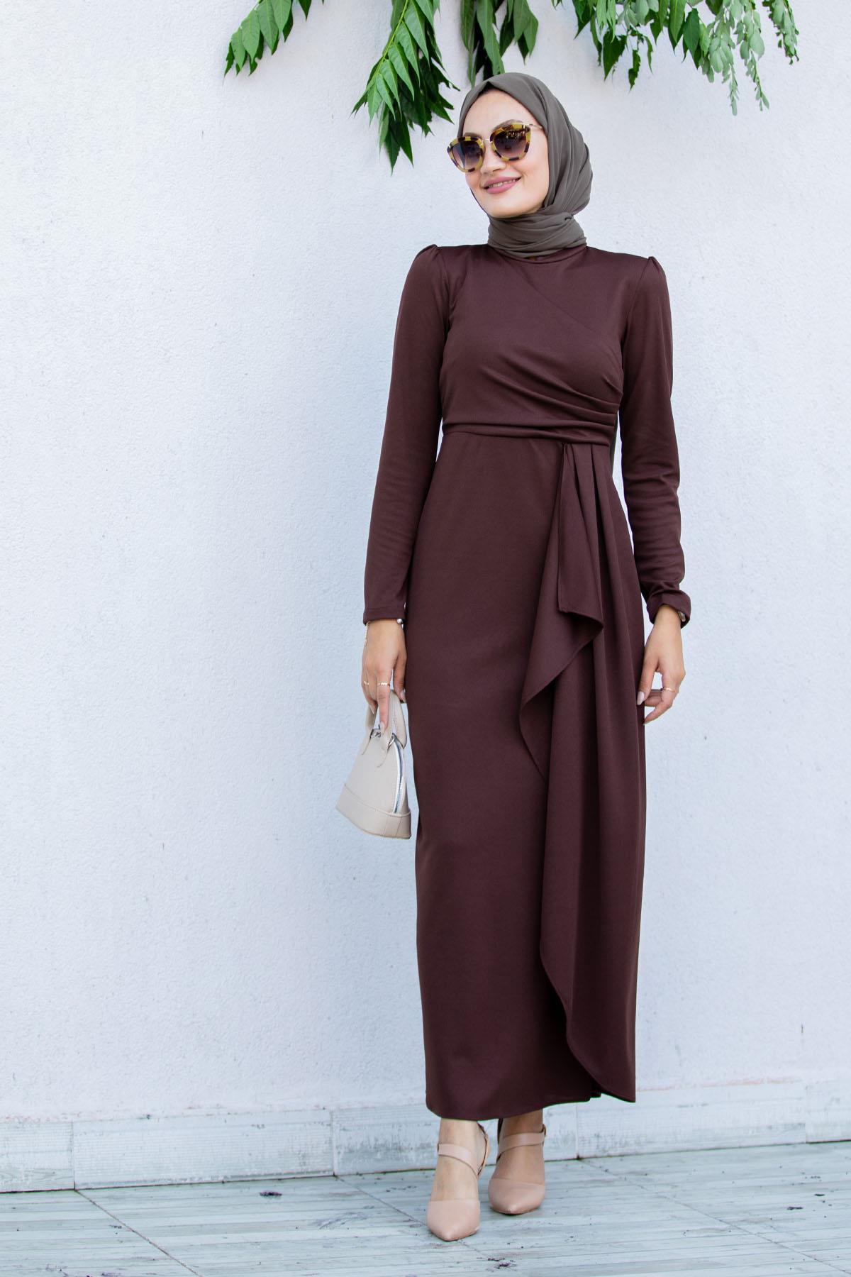 Lily Drape Pile Özel Gün Elbisesi-Kahve