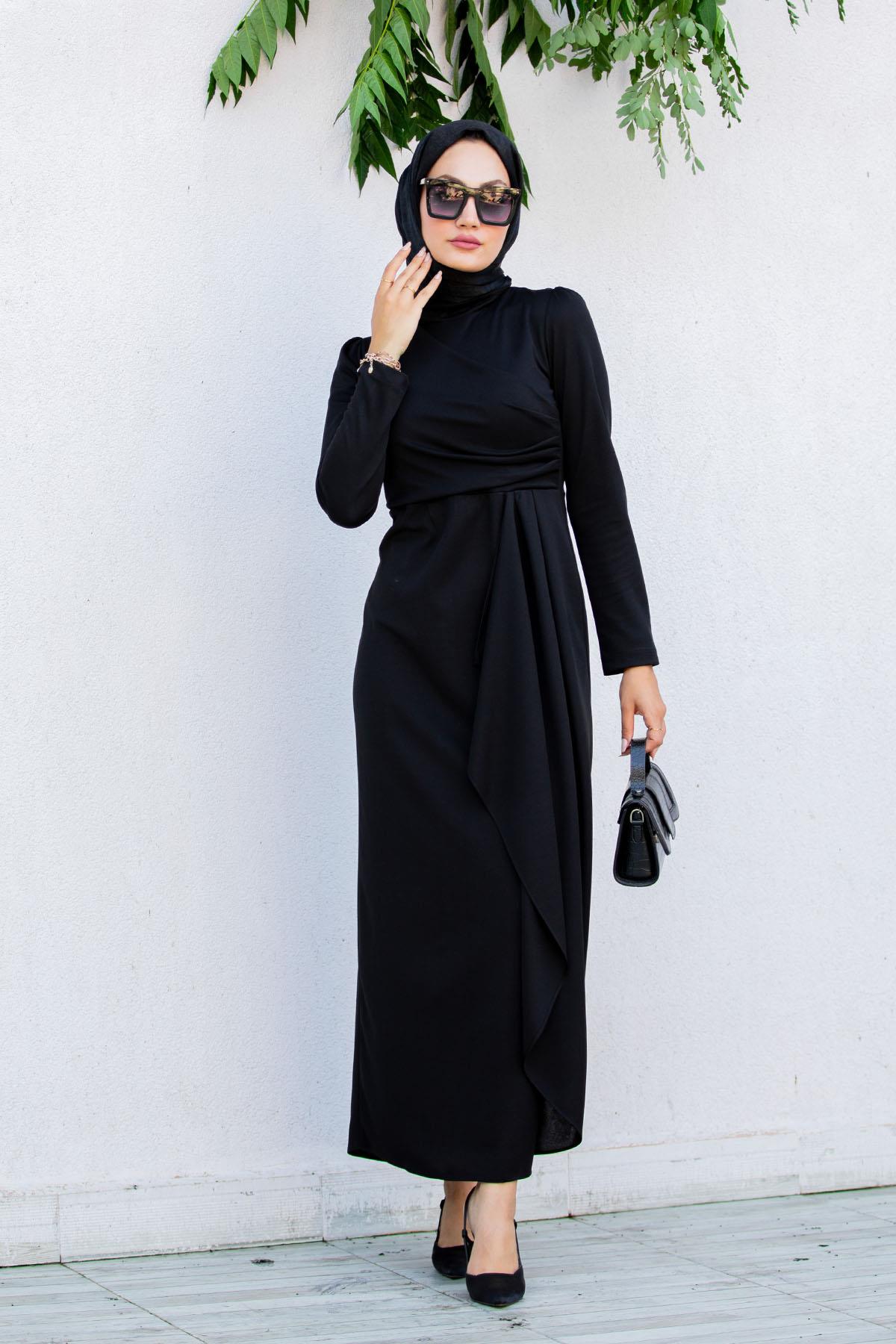 Lily Drape Pile Özel Gün Elbisesi-Siyah