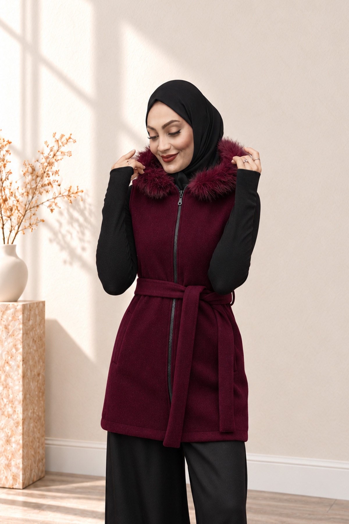 Liss İthal Kaşe Astarlı Kürk Yakalı Yelek-Bordo