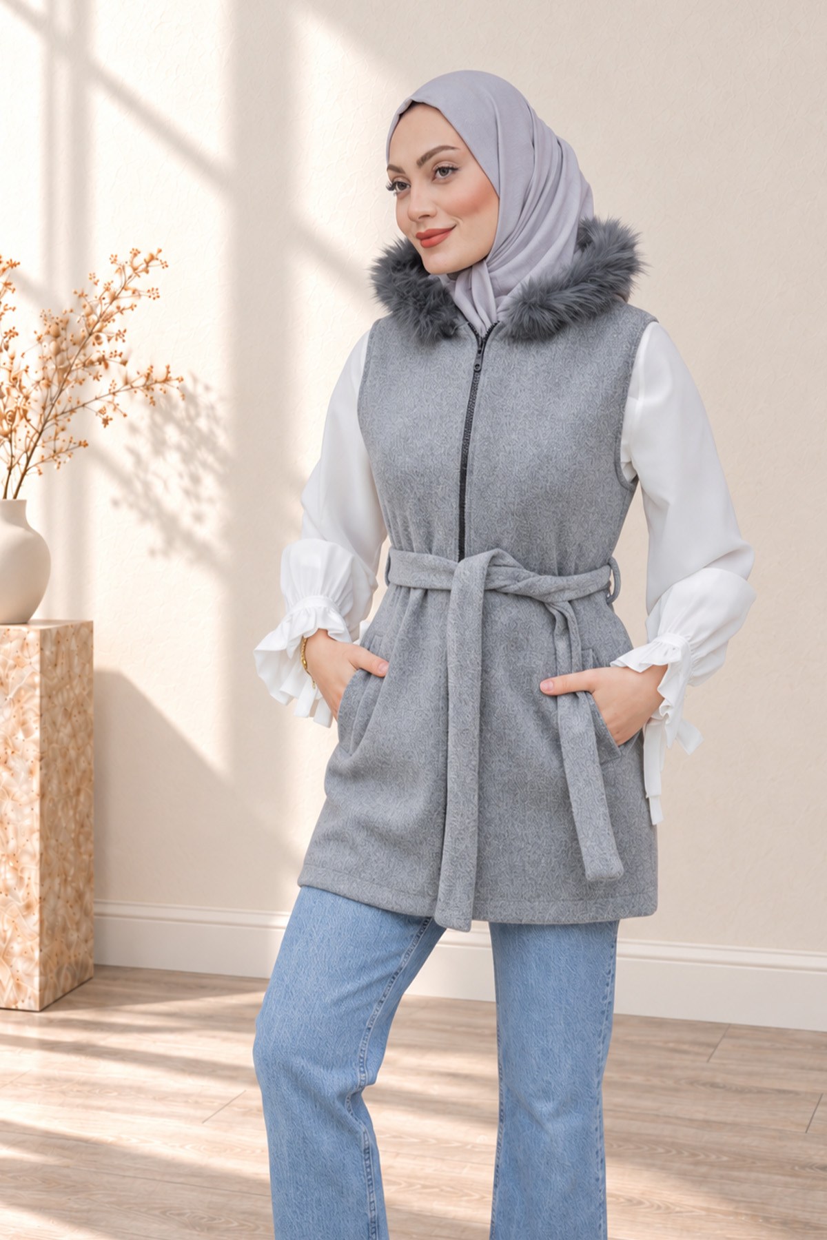 Liss İthal Kaşe Astarlı Kürk Yakalı Yelek-Gri