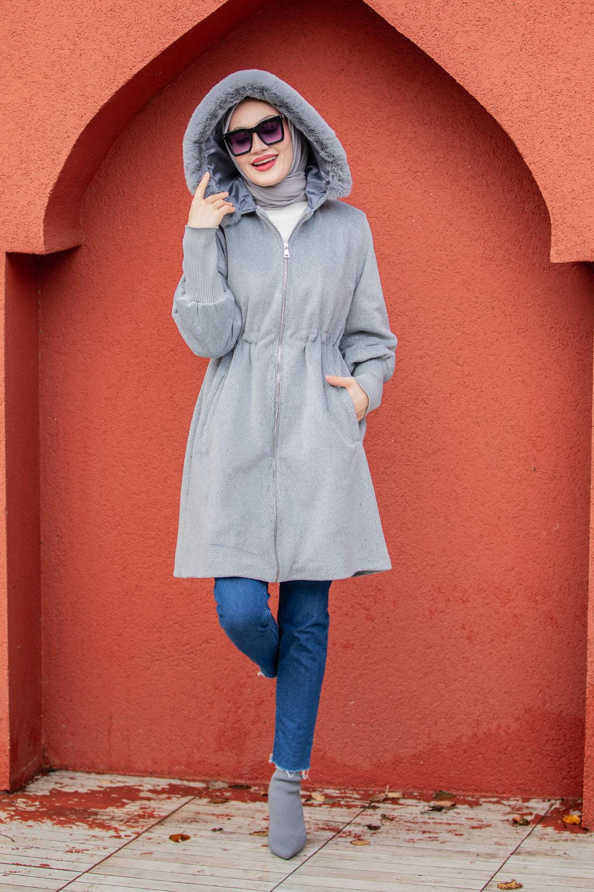 Lupi Kürk Kapşon İthal Angora Kaban-AçıkGri