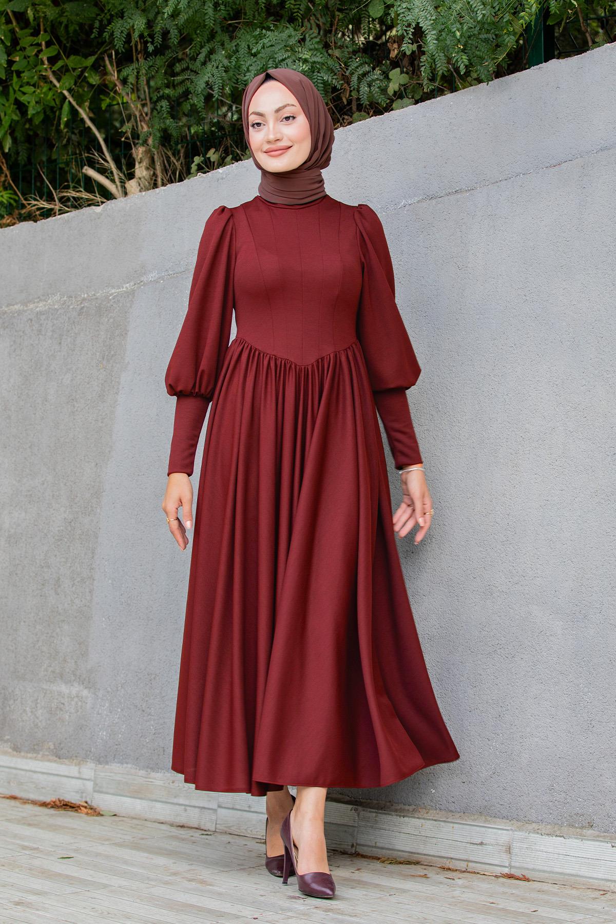 Madam Kuplu Tasarım Elbise-Bordo