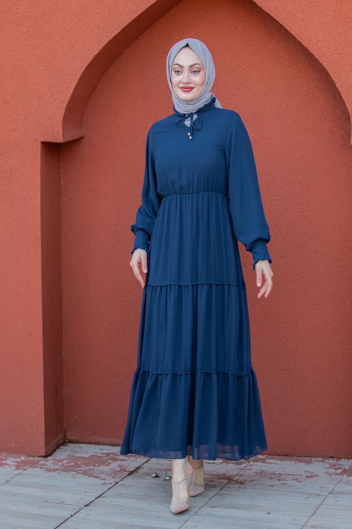 Mat Şifon Katlı Elbise-Laci