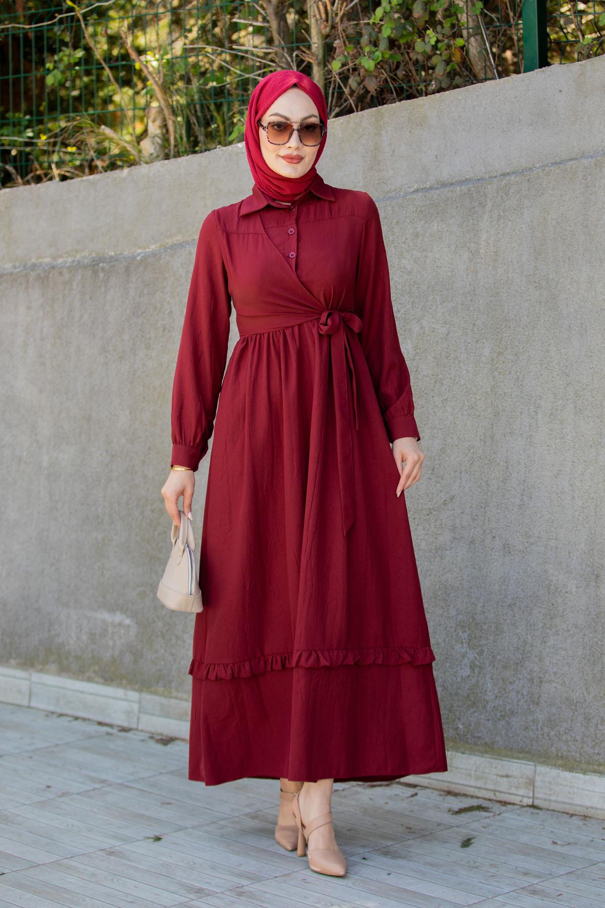 Mila Yandan Bağlamalı Kraş Elbise-Bordo