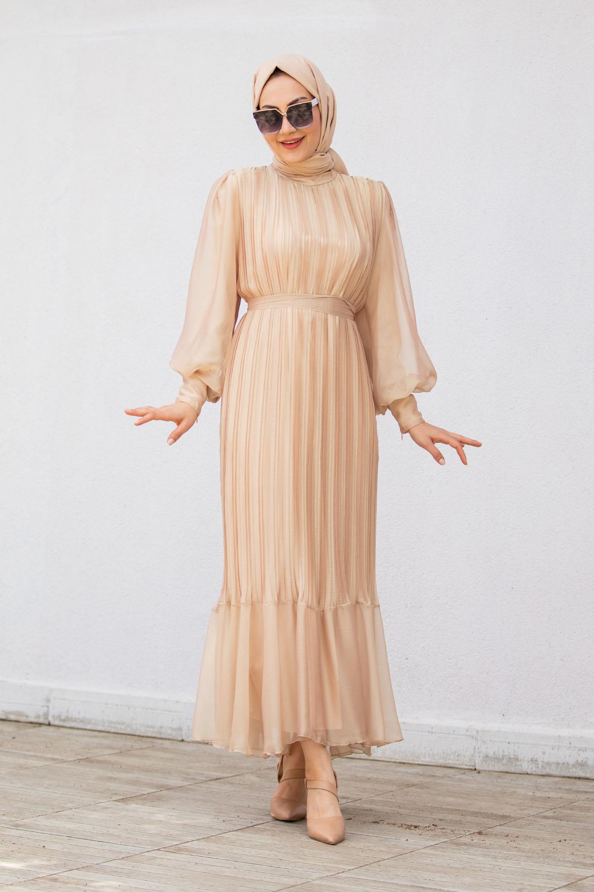 Mindy Drapeli Özel Gün Elbisesi-Bej