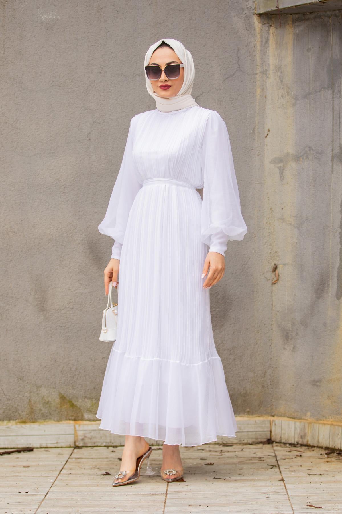 Mindy Drapeli Özel Gün Elbisesi-Beyaz