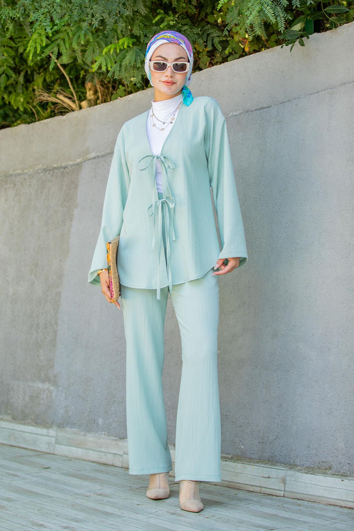 Mira Bürümcük Kumaş Tunik Pantolon Takım-Mint
