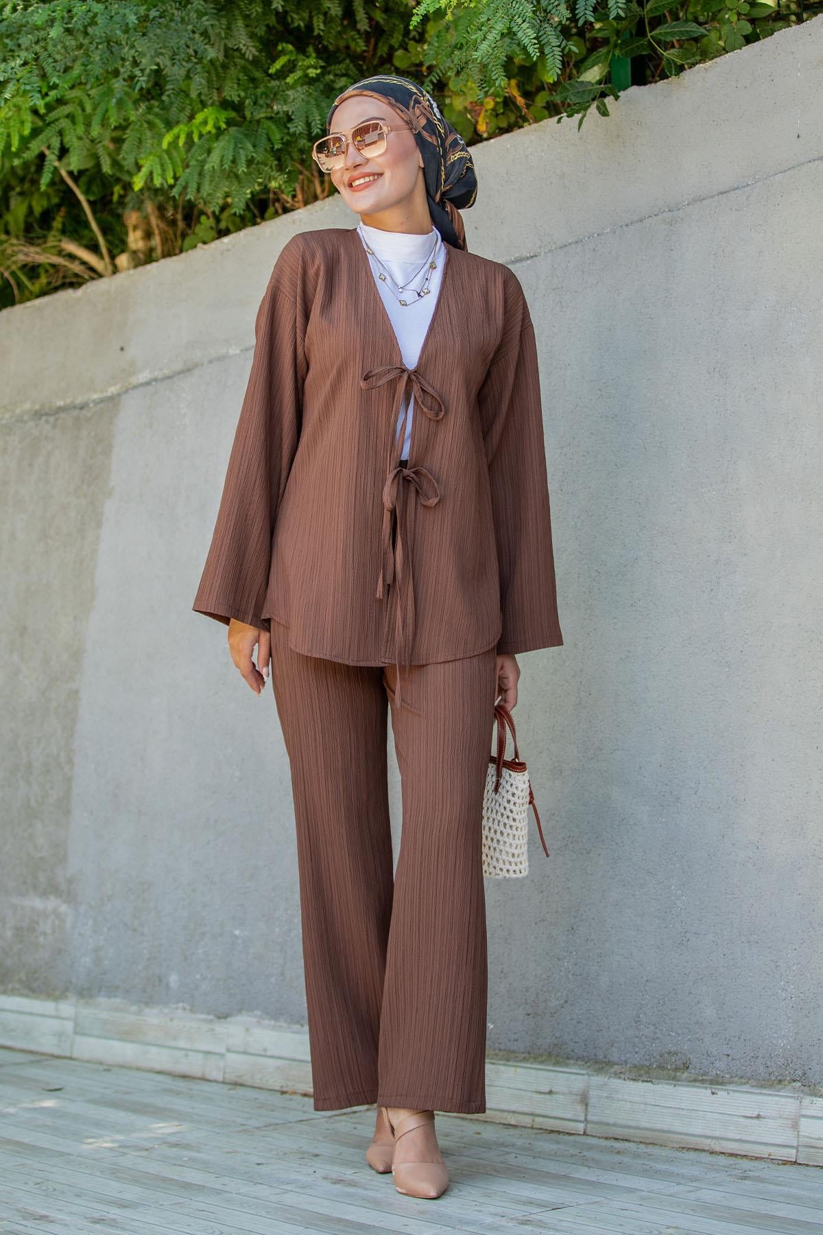 Mira Bürümcük Kumaş Tunik Pantolon Takım-Kahve