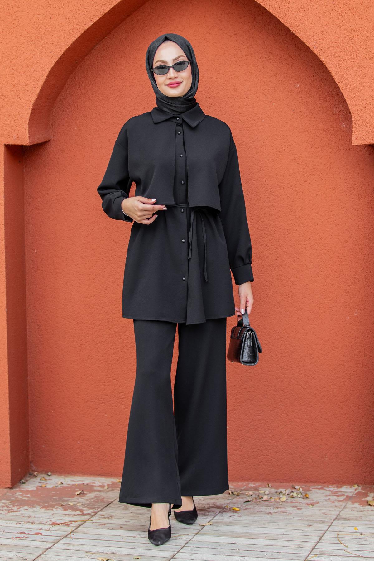 Mist Krep Tunik Pantolon Takım-Siyah
