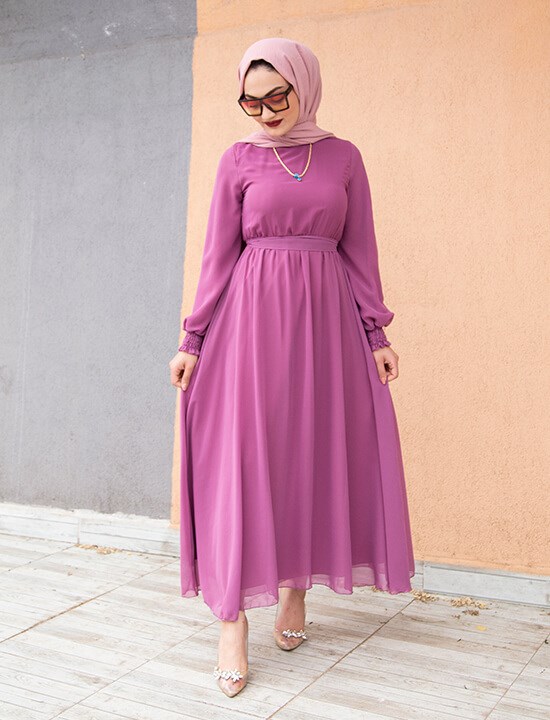 Moss Kol Gipeli Astarlı Şifon Elbise-Pembe