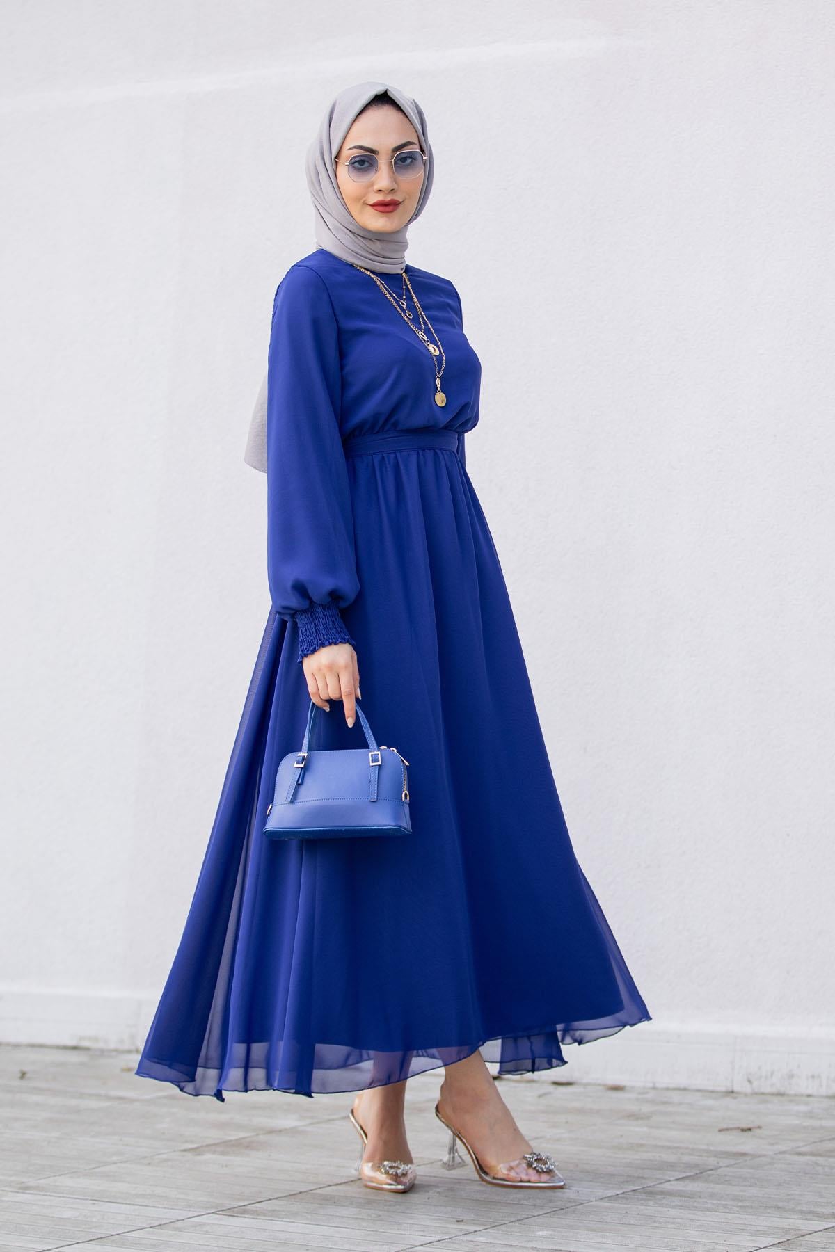 Moss Kol Gipeli Şifon Elbise-Saks