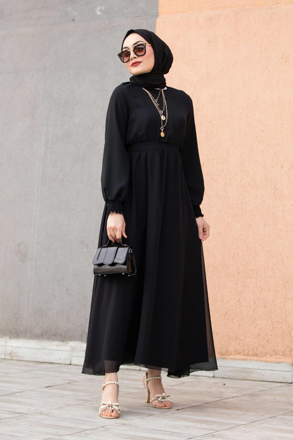 Moss Şifon Gipeli Elbise-Siyah