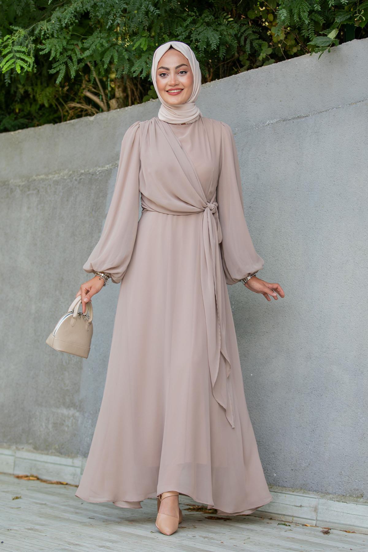 Narin Mat Şifon Tesettür Abiye-Bej