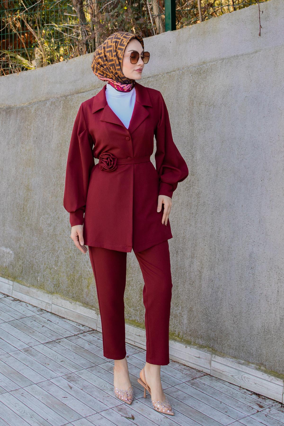 Need Gül Kuşaklı Ceket Pantolon Takım-Bordo