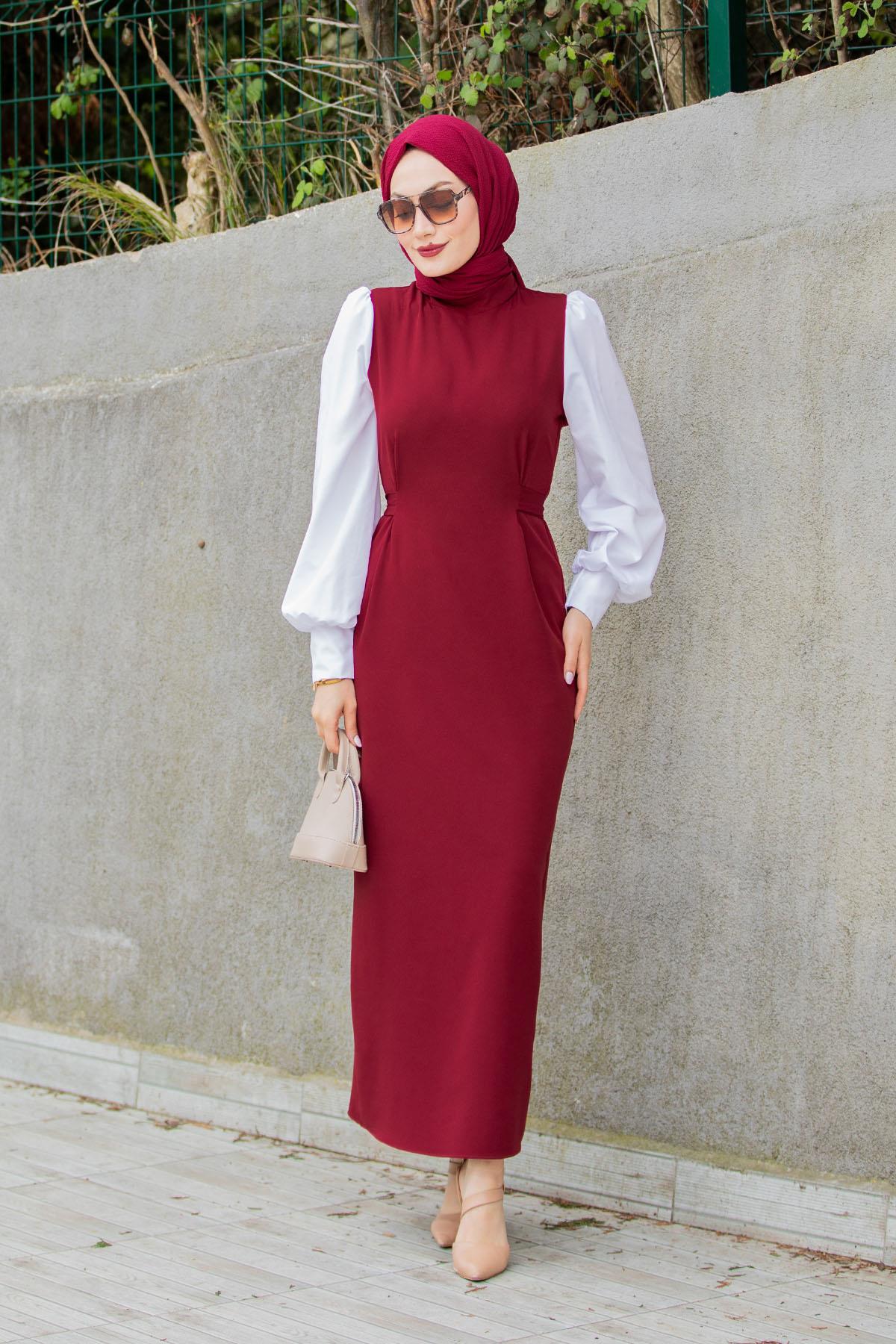 Neyla Dokuma Kalem Elbise-Bordo