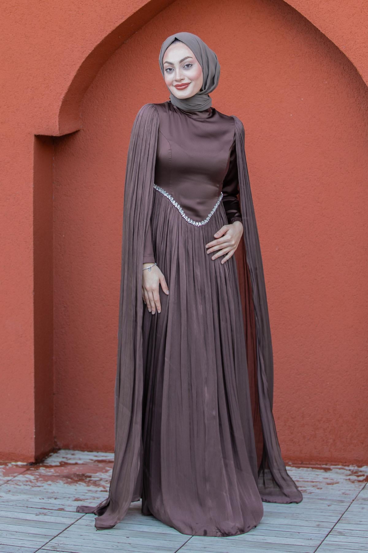 Nida Drapeli Taşlı Tesettür Abiye-Kahve