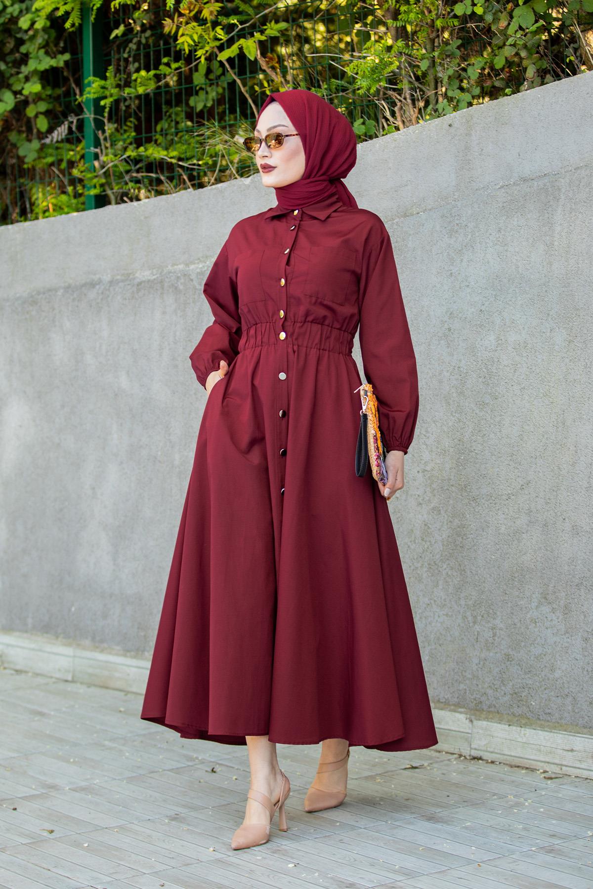 Nil Boydan Düğmeli Pamuk Cotton Elbise-Bordo