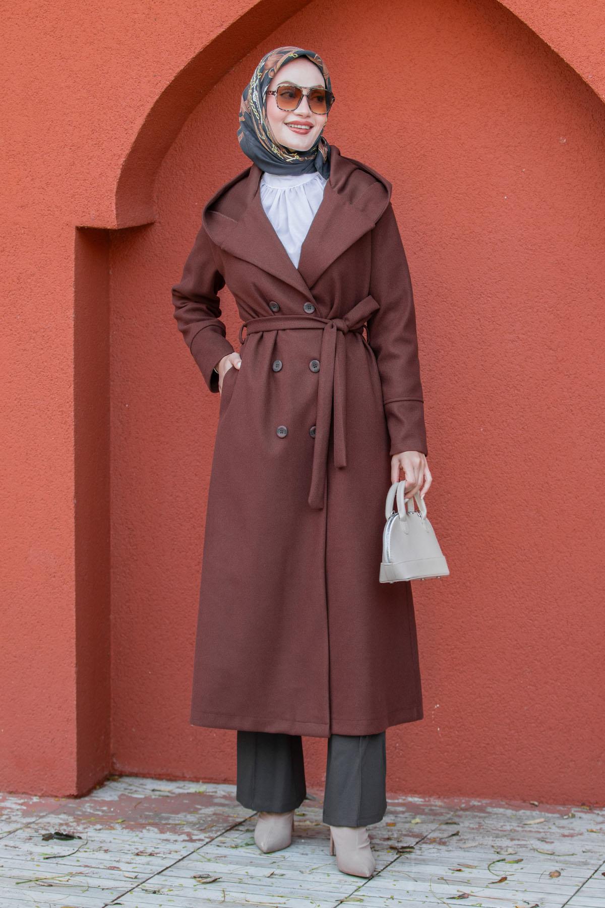 Note Astarlı Kapüşonlu Uzun Boy Kaban-Kahve