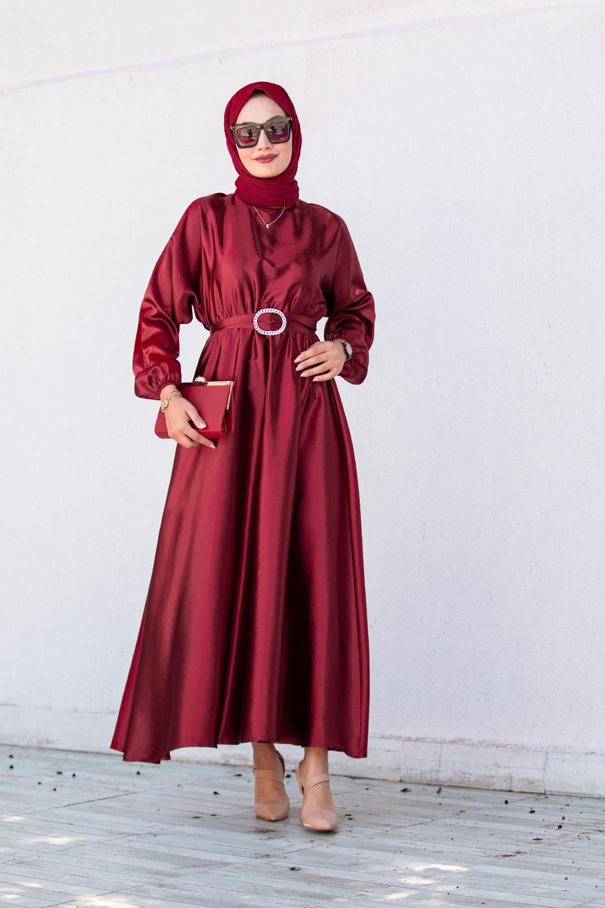 Nude Saten Mevlana Tesettür Abiye-Bordo
