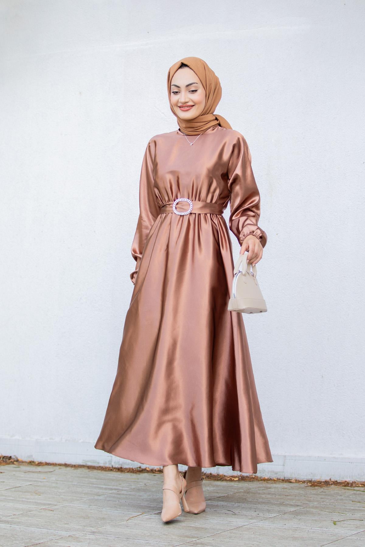 Nude Saten Mevlana Tesettür Abiye-Bronz