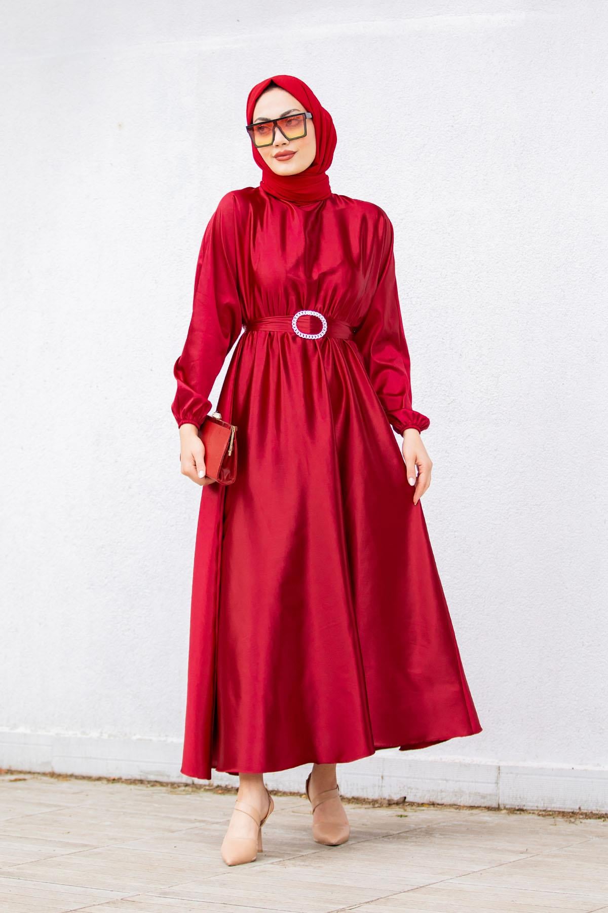 Nude Saten Mevlana Tesettür Abiye-Kırmızı