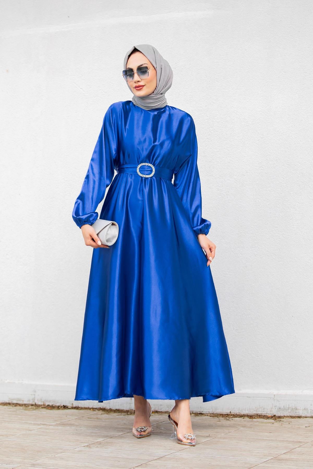 Nude Saten Mevlana Tesettür Abiye-Mavi