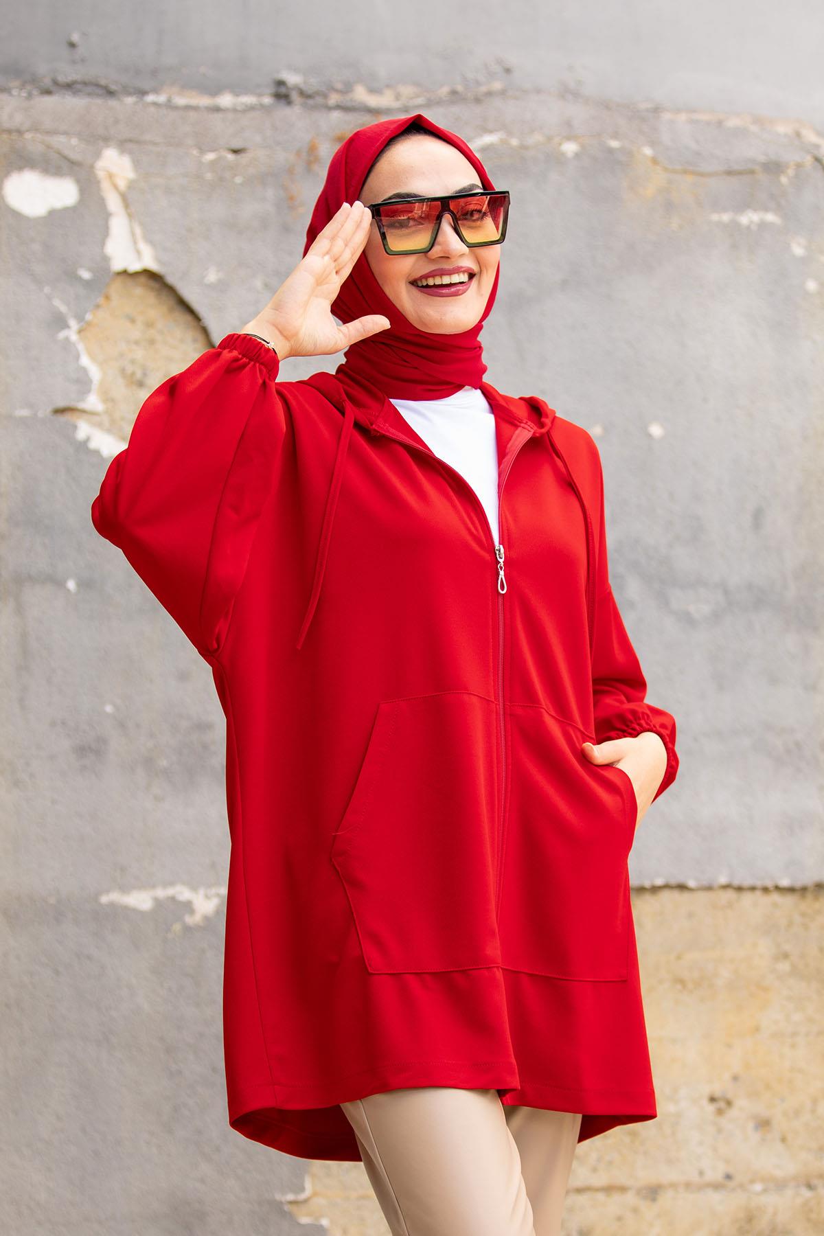 Oversize Kalıp Scuba Krep Hırka-Kırmızı