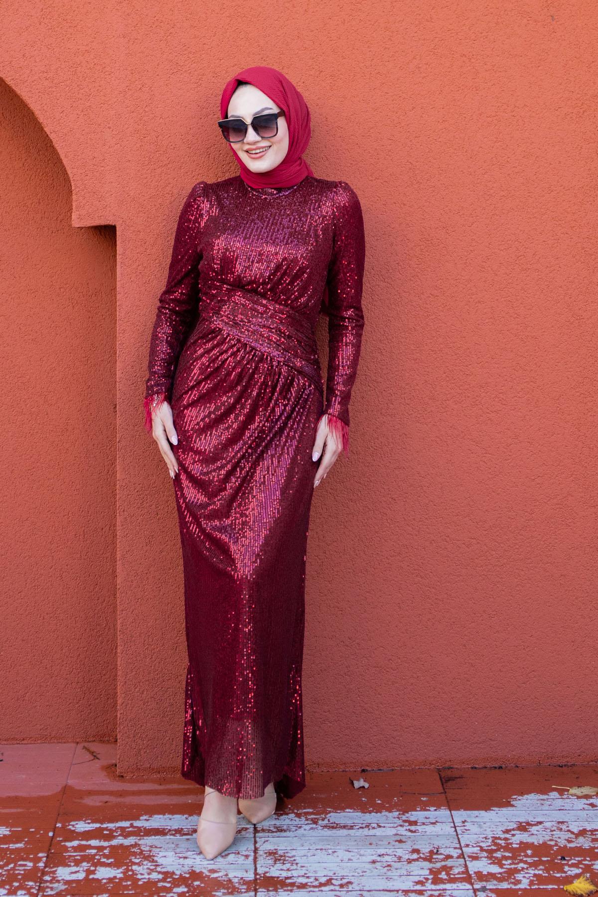 Payet Drapeli Tesettür Abiye-Bordo