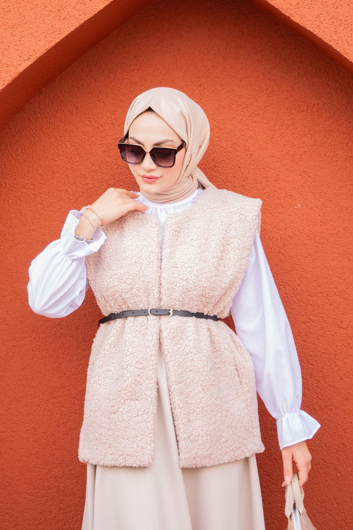 Peluş Oversize Kemerli Yelek-Bej