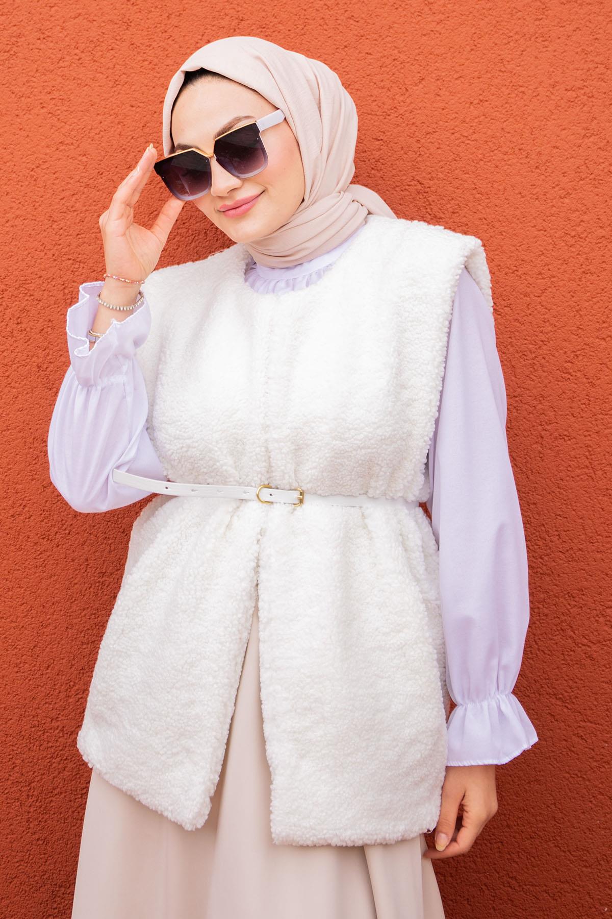 Peluş Oversize Kemerli Yelek-Beyaz