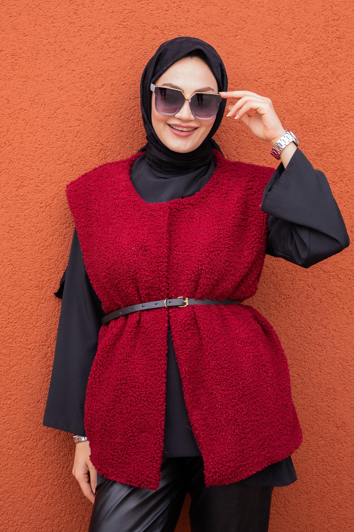Peluş Oversize Kemerli Yelek-Bordo