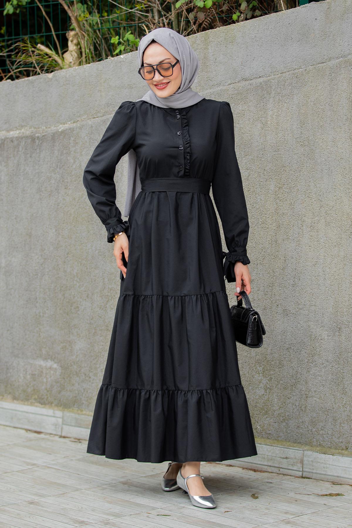 Pins Fırfırlı Pamuk Cotton Elbise-siyah