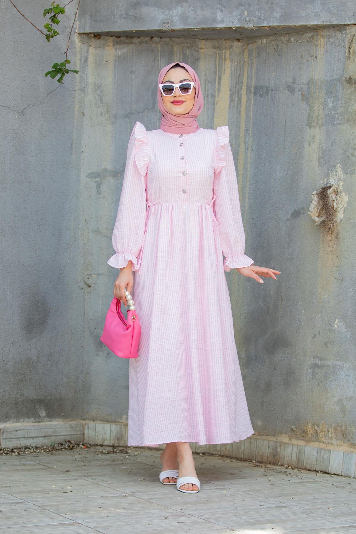 Pitikareli Fırfır Detaylı Gofre Kumaş Elbise-Pembe