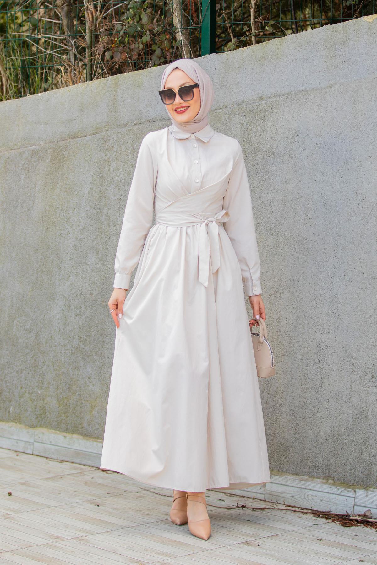 Qua Pamuk Cotton Bağlamalı Elbise-Bej
