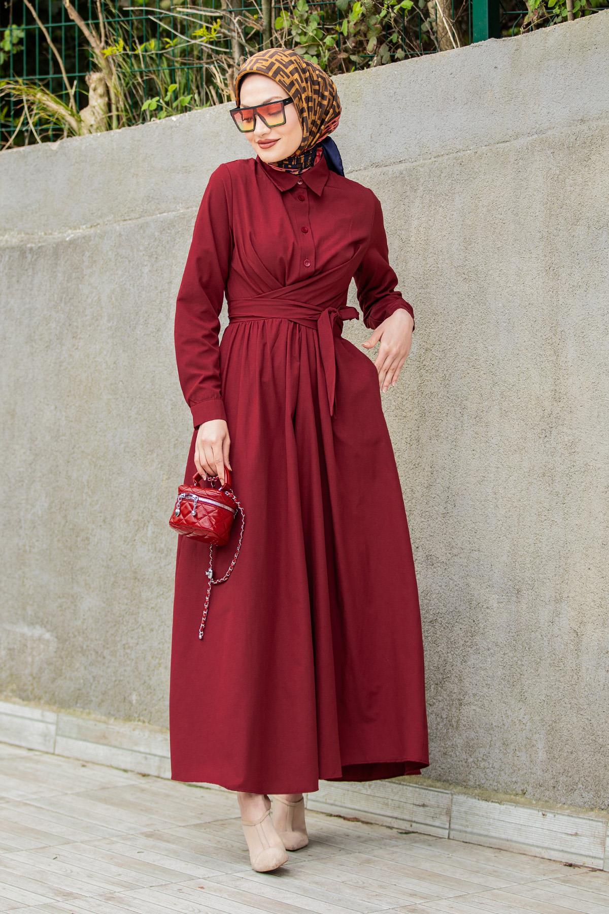 Qua Pamuk Cotton Bağlamalı Elbise-Bordo
