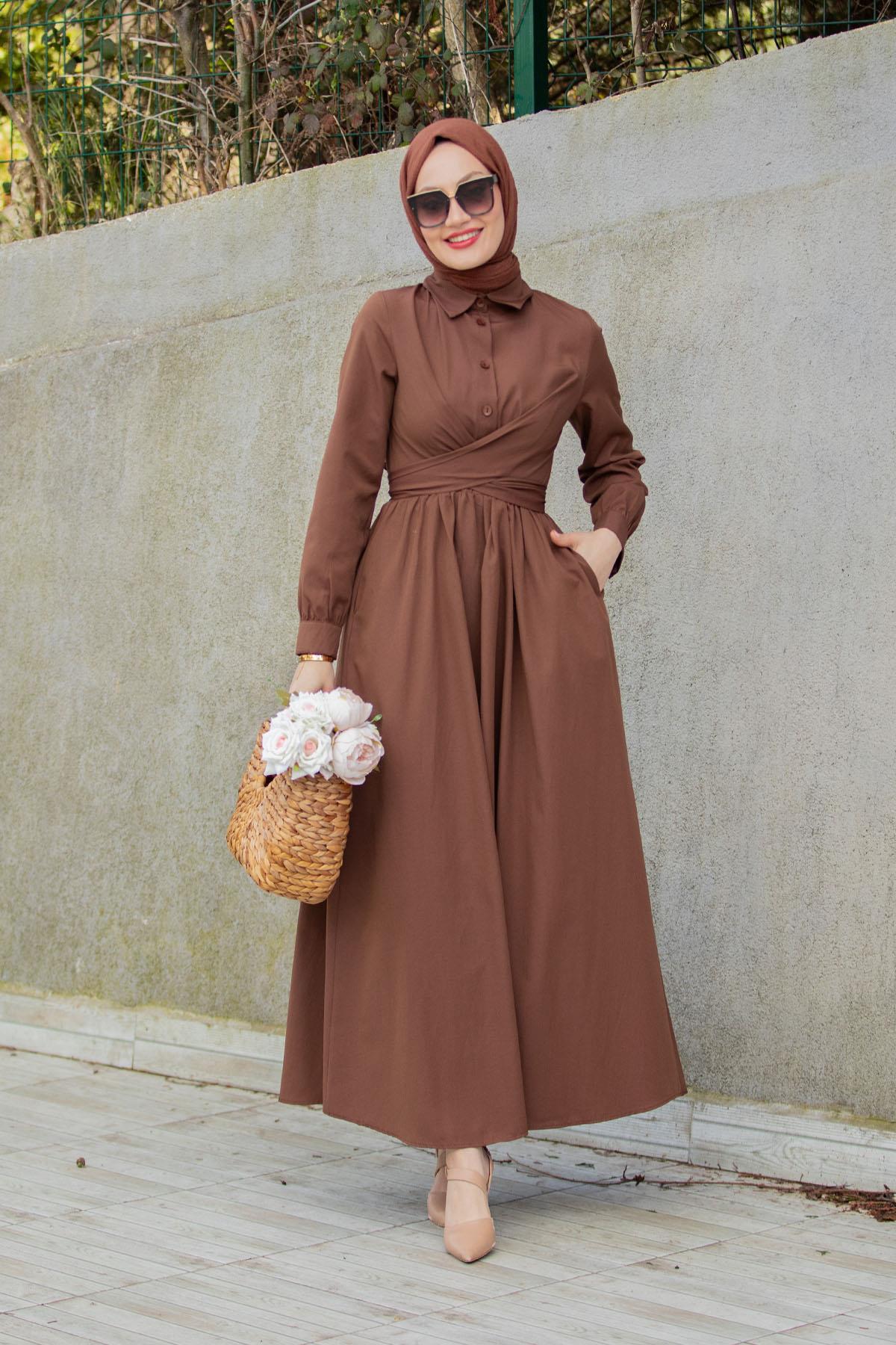 Qua Pamuk Cotton Bağlamalı Elbise-Kahve