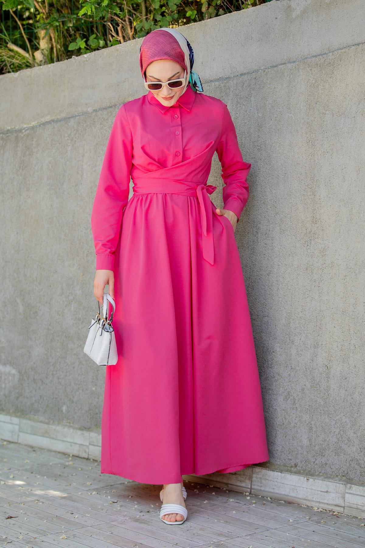 Qua Pamuk Cotton Bağlamalı Elbise-Pembe