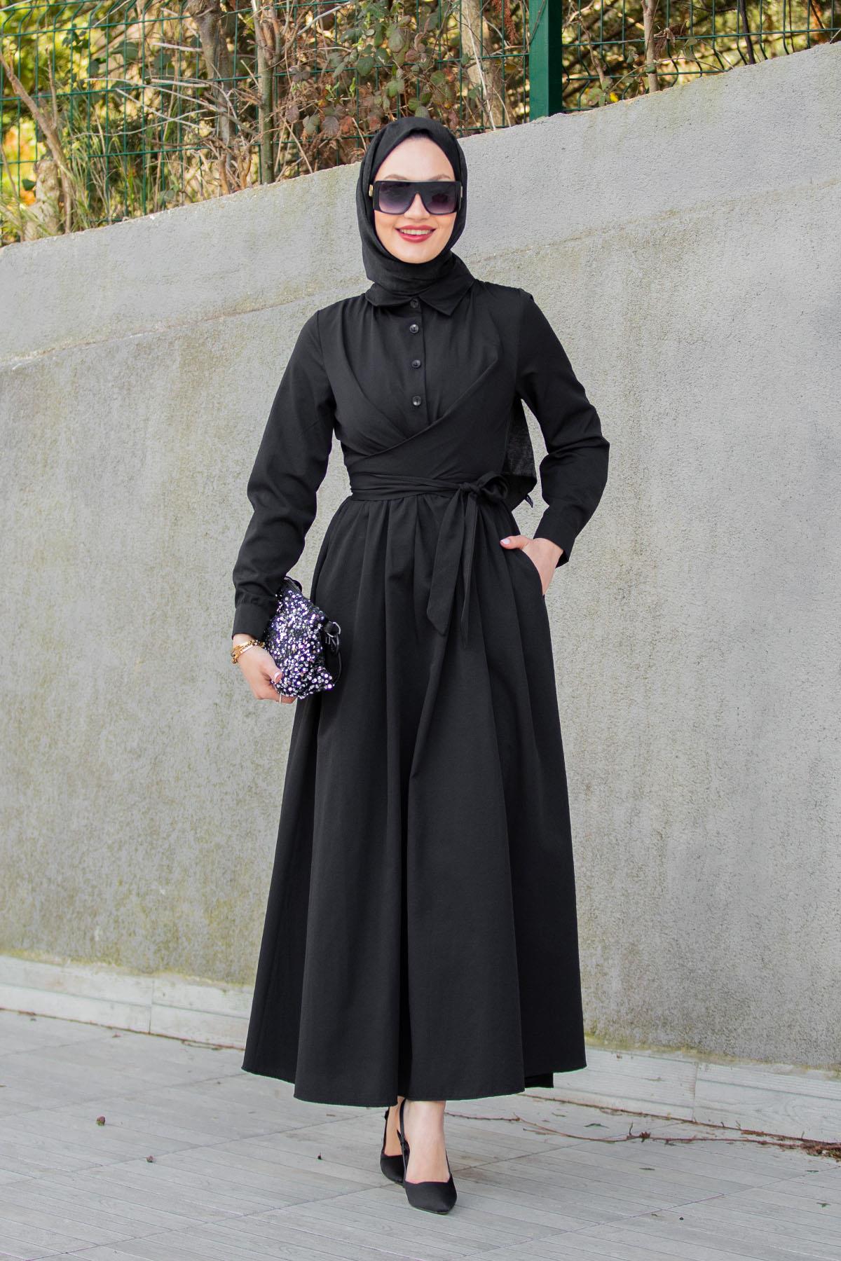 Qua Pamuk Cotton Bağlamalı Elbise-Siyah