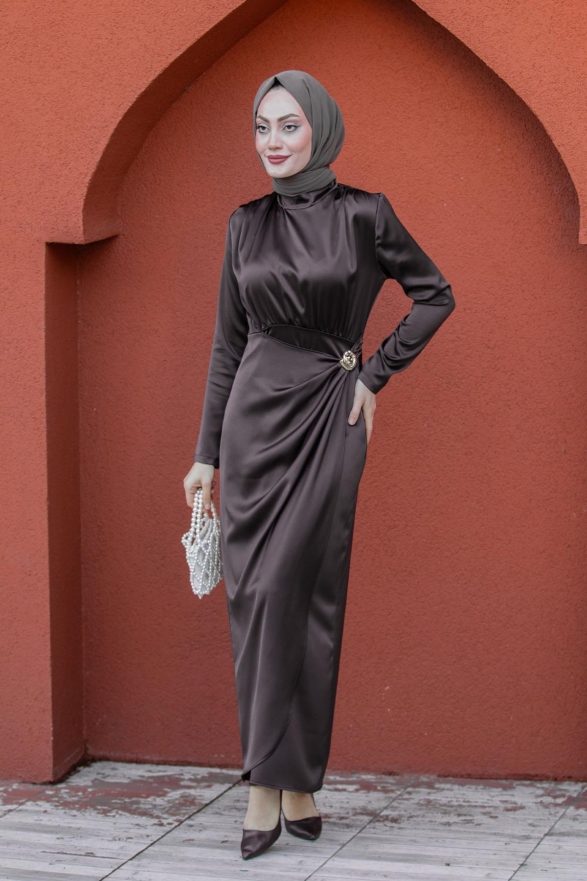 Qups Gold Aksesuar Saten Abiye-Kahverenk