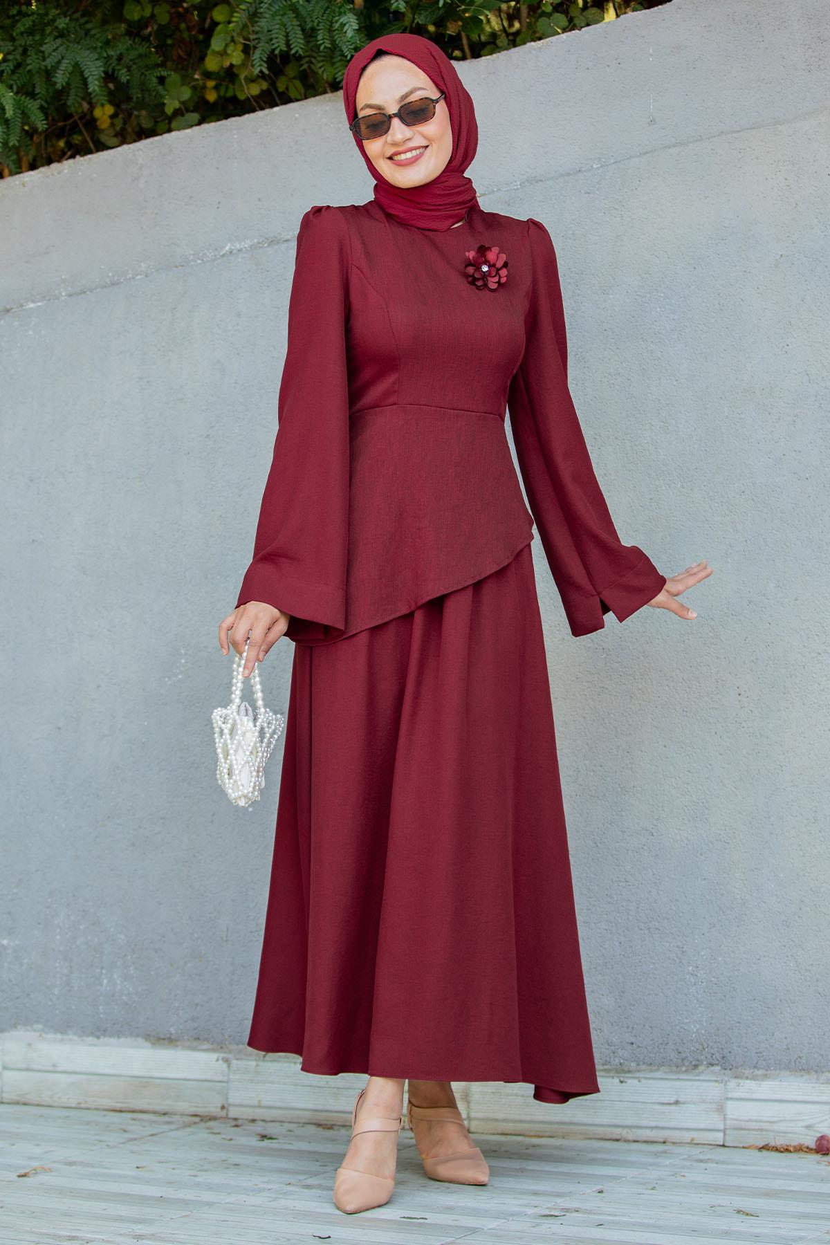 Rise Keten Broşlu Bluz Etek Takım-Bordo