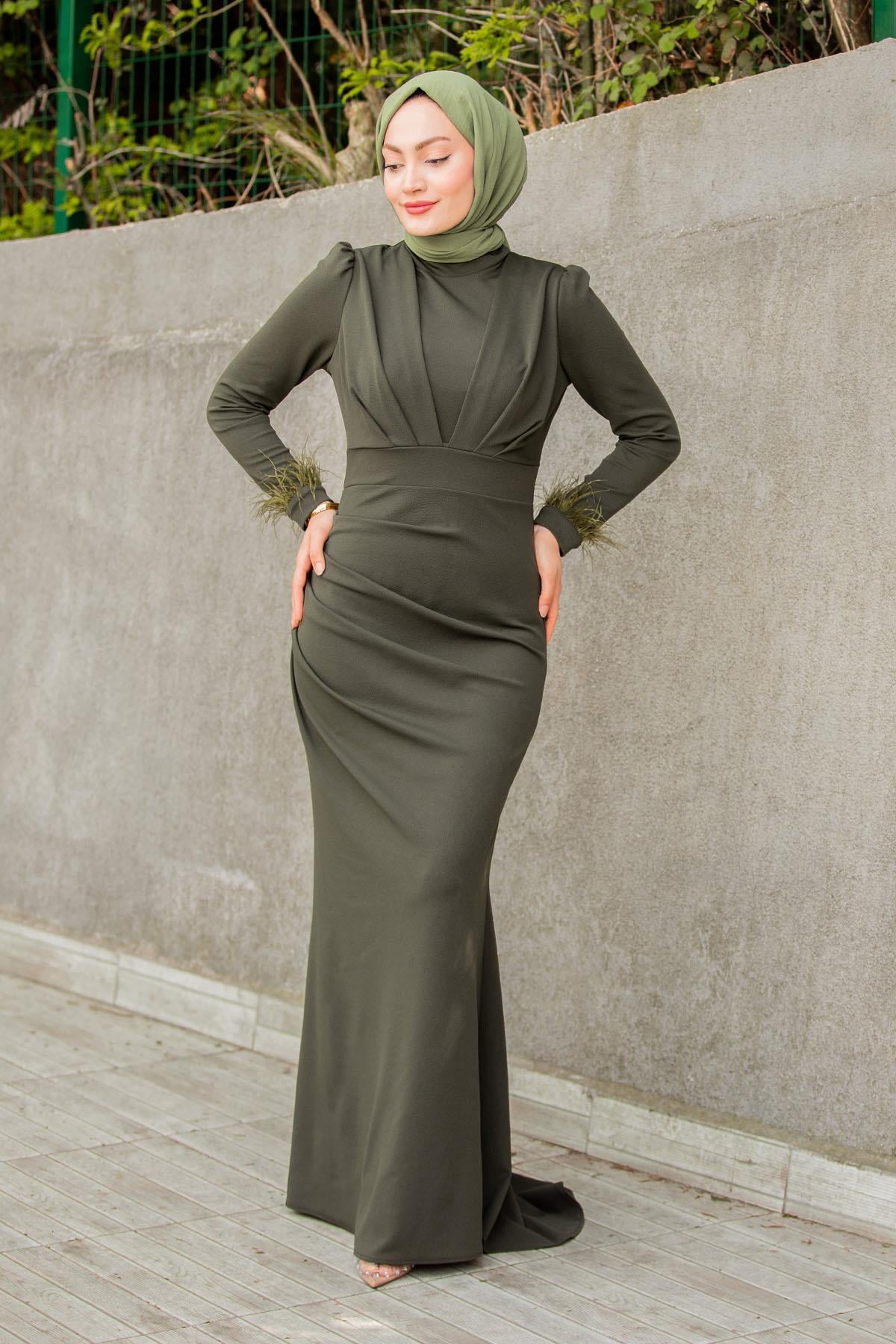 Rua Tüy ve Drape Detaylı Abiye-Haki