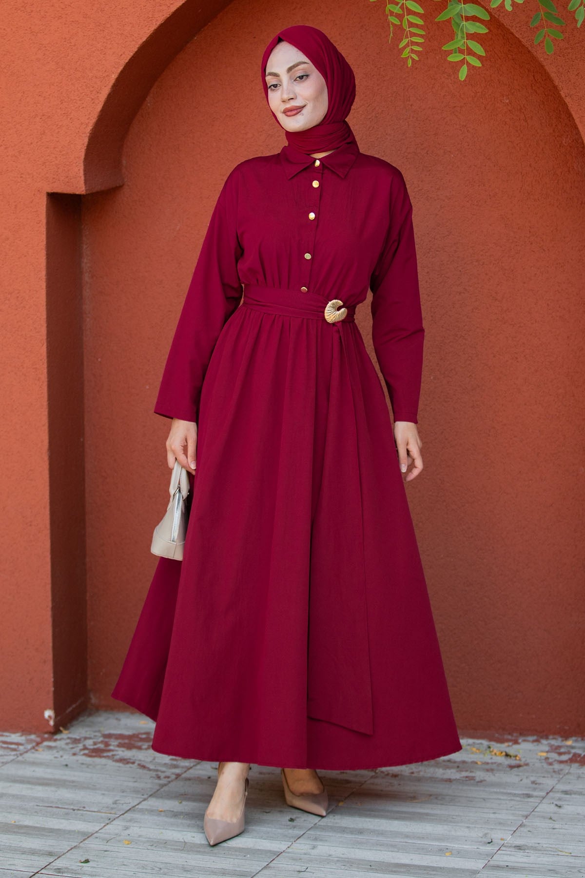 Seah Kemerli Pamuk Cotton Elbise-Bordo